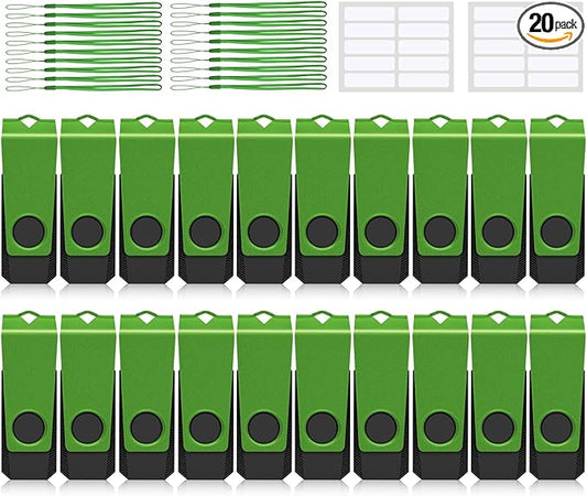 32GB USB Flash Drive 20PACK AGECASH Thumb Drive Bulk USB 2.0 Flash Drives Multi Pack Green Swivel 32GB USB Memory Stick Zip Drive Pendrive with Labels & Lanyards, USB Jump Drive Pack for Data Storage