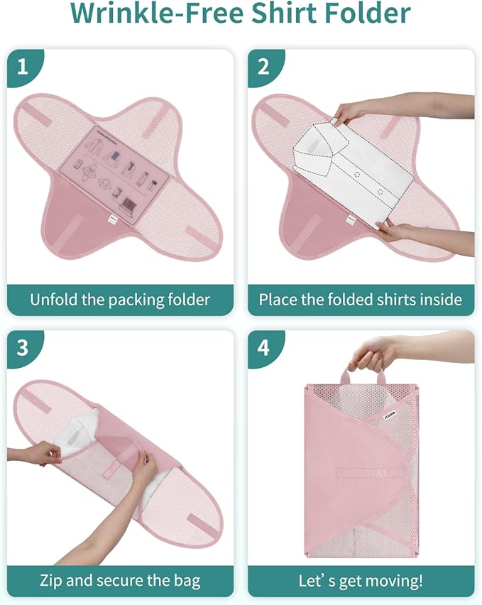 WANDF 7 Set Compression Packing Cubes for Travel, Shirt Folder for Wrinkle-Free, Suitcase Organizer Bags Set for Carry-On Checked Luggage Duffle Bag Women Men(Pink)