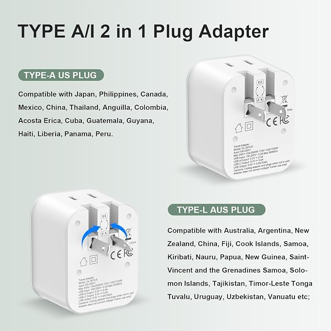 Australia Travel Plug Adapter, Foldable Power Adapter with 4 USB(2 USB C Port) and 2 Outlets Charger, 2 in 1 Type A/I Travel Adapter for US to Japan Canada Mexico AU Argentina Fiji(1 Pack)