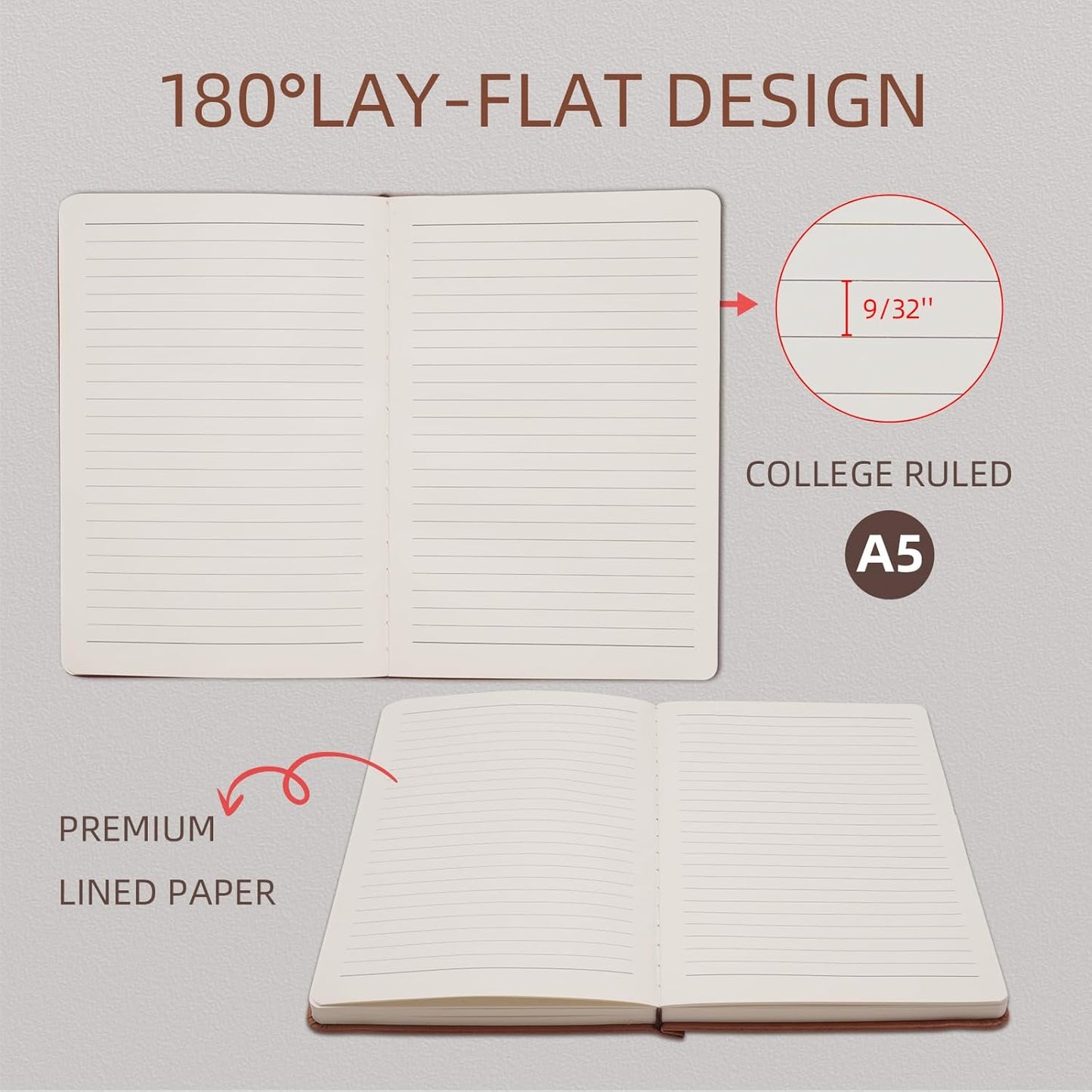 Lined Notebook Journal for Women Men 320 Pages A5 Hardcover Leather with Pen Holder College Ruled Journals for Work Note Taking Travel School Brown