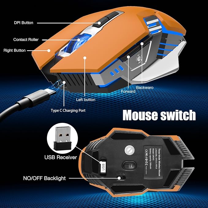 Bluetooth Wireless Gaming Mouse, 2400 DPI, RGB Backlit, Rechargeable Cordless Computer Mouse for Laptop PC Mac Macbook Air/Pro iPad Chromebook Office Gamer - Orange