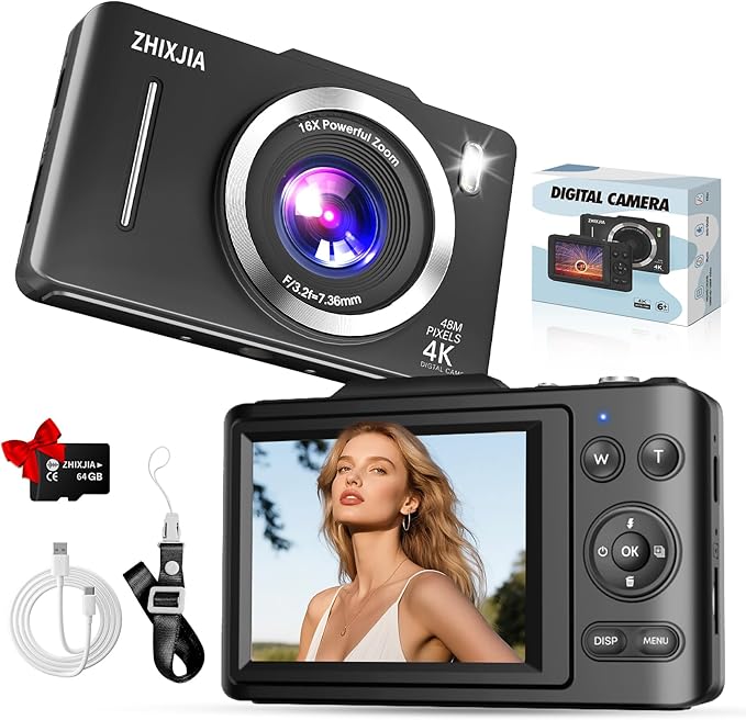 Digital Camera, Autofocus 4K Vlogging Camera for Photography with 64GB Card, Full HD 4K Point and Shoot Camera Portable Compact and Shoot Digital Camera for 16X Zoom, Anti-Shake, for Beginners, Black