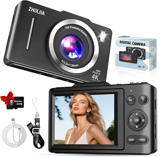 Digital Camera, Autofocus 4K Vlogging Camera for Photography with 64GB Card, Full HD 4K Point and Shoot Camera Portable Compact and Shoot Digital Camera for 16X Zoom, Anti-Shake, for Beginners, Black