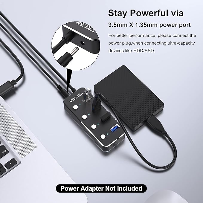 USB Hub,VKUSRA 4 Port USB 3.0 Hub Splitter with 4ft USB Long Cable and Individual LED On/Off Switch,USB Port Expander for Laptop PC