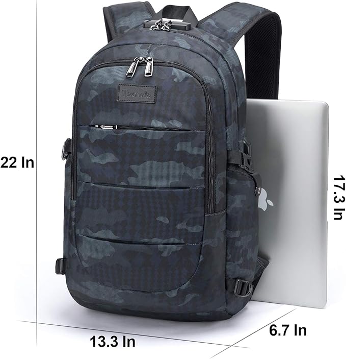 Tzowla Business Laptop Backpack Water Resistant Anti-Theft Backpack with USB Charging Port and Lock 17.3 Inch Computer Backpacks for Women Men, Casual Hiking Travel Daypack (Navy Blue Camo)