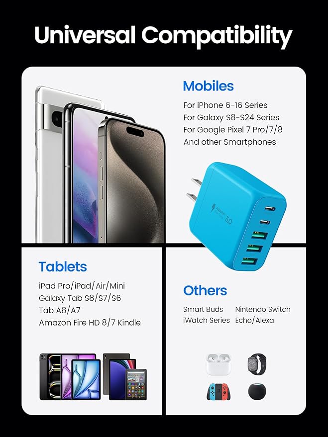 USB C Charger Block, [2-Pack] Type C Charger Fast Charging,50W 5-Port USB Wall Charger Multiport Type C Charging Block Cube for iPhone 17/16/15/14/13/12/11 Pro Max XS,iPad,Samsung&More-Blue