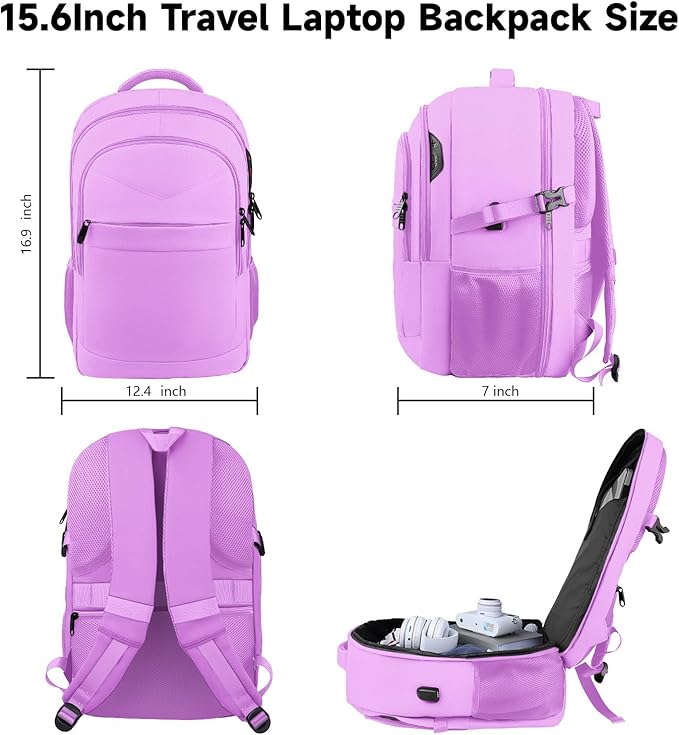 Lapsouno Laptop Backpack, Travel Laptop Backpack, 15.6 Inch Carry on Backpack with USB Port, Anti Theft TSA Travel Bag for Women, College School Backpack for Women, Light Purple