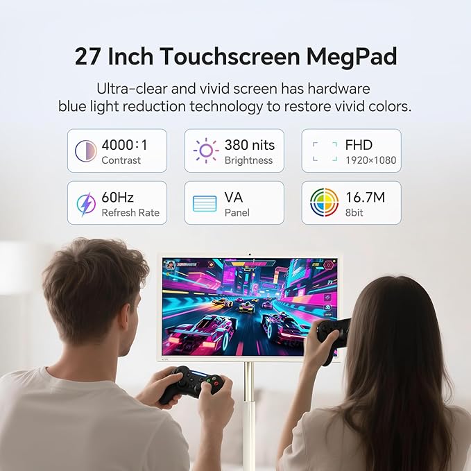 KTC 27 Inch MegPad Portable TV Touchscreen Monitor 1080p, Android 14 EDLA Certification with Camera, 9500mAh Built-in Battery, Remote Control