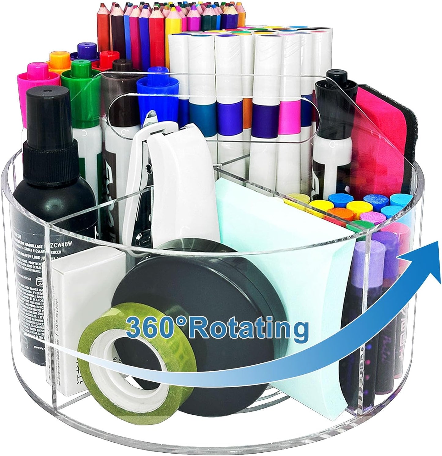 Acrylic Rotating Pen Holder for Desk, 360 Degree Clear Pencil Holder Crayon Organizers for Kids, 6 Compartments Marker Organizer for Office, Art Supply Storage Organizer for School Home