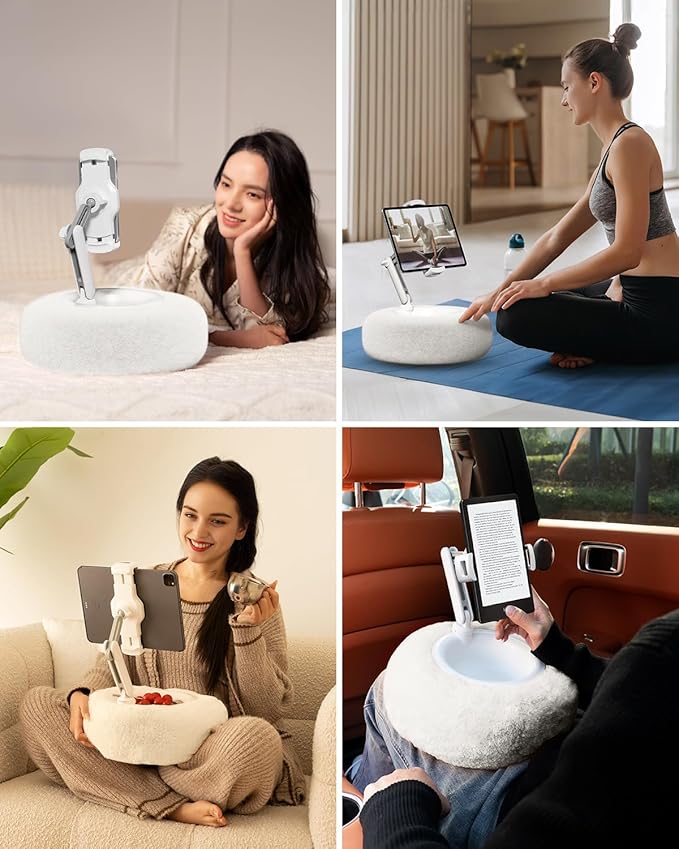 Viozon Tablet Stand Pillow, Compatible with 4.7"-13" Phone/Tablet, iPad, iPhone, Samsung, Google, Kindle, 360°Adjustable Phone Holder for Bed with Soft Plush Fabric, and Detachable Bowl, White