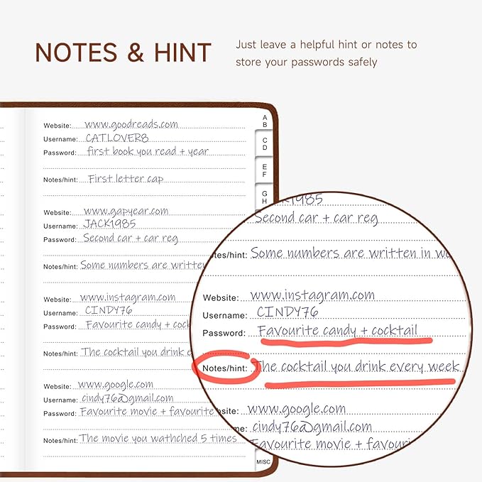 Password Book with Alphabetical Tabs – Hardcover Internet Address & Password Organizer – Password Keeper Notebook for Computer & Website – 5.2 x 7.6" Log-in Password Journal w/Thick Paper (Brown)