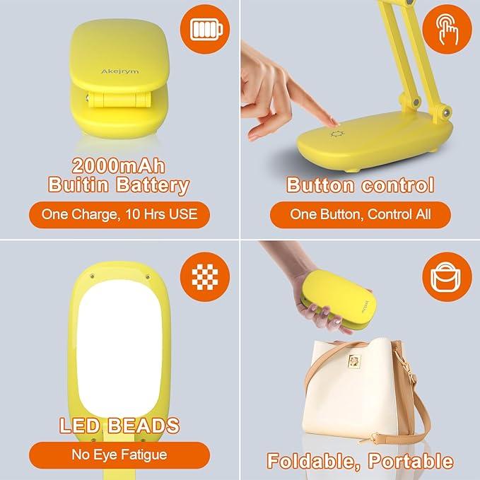LED Desk Lamp for Office Home & Battery Operated Lamp Rechargeable Lamp Foldable & Portable Light, [2-Fold Bracket] 3 Brightness Dimmable Small Desk Lamp Wireless Reading Lamp (Yellow)