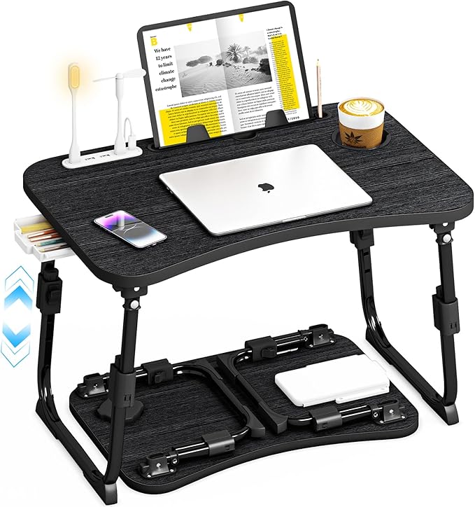 Lap Desk for Bed Adjustable Height, Foldable Bed Table with Storage Drawer, Tablet Slot & Cup Holder, Portable Laptop Stand for Bed & Sofa, Bed Desk for Adults & Kids, Black