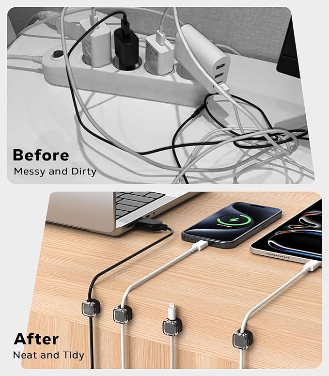 MoKo 6 Pack Magnetic Cable Clips, Under Desk Cable Management, Adhesive Magnetic Cord Holder, Magnetic Cord Organizer Wire Holder Keeper Organizer for Nightstand Desk Office Car Wall Glass, Black