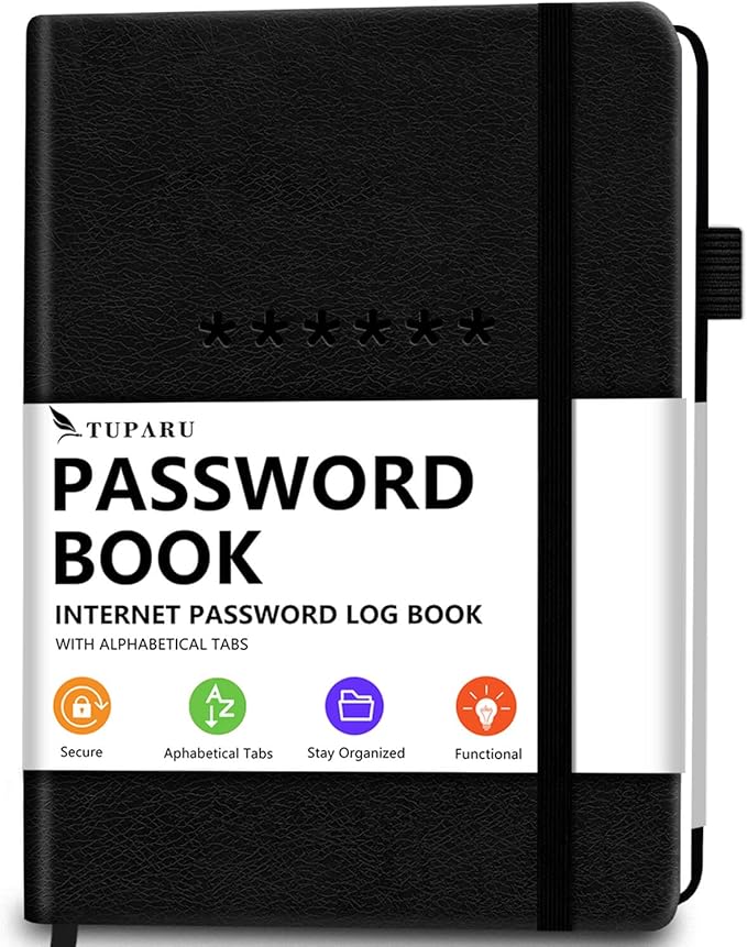 Password Book with Alphabetical Tabs – Hardcover Internet Address & Password Organizer – Password Keeper Notebook for Computer & Website – 7 x 10" Log-in Password Journal w/Thick Paper (Black)