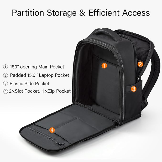 Hanke Expandable Travel Backpack 16 Inch, Full-Open Laptop Backpack Fits 15.6 Inch, Carry On Personal Item Bag with Luggage Strap, Business Work Backpack for Women Men, Black