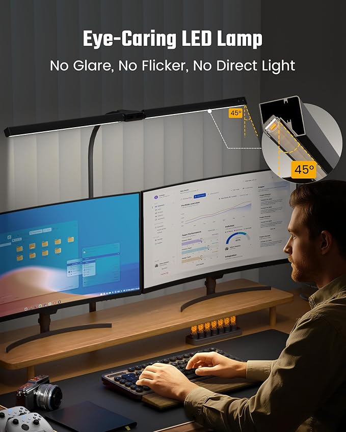 Eye-Caring Desk Lamp with Clamp, LED Desk Light Bar for Dual Monitors, Adjustable Gooseneck Table Lamp with 3 Color Modes, Smooth Dimming Office Desk Lamp for Home Office, Study, Computer Work
