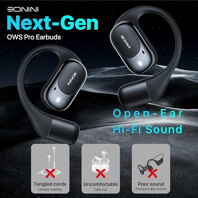 2025 Open Ear Earbuds Wireless Bluetooth Headphones, Earhook Sports Earphones with Mic, 40Hrs Playtime, Smart Digital Display, IPX5 Waterproof for Running, Gym, Cycling(Black)