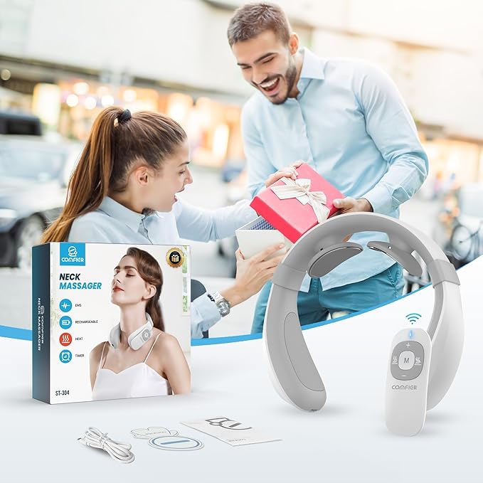 COMFIER Portable Heated Neck Massager, EMS Intelligent Electric Neck Massager with Heat and 3D Electrode Pads for Women Men