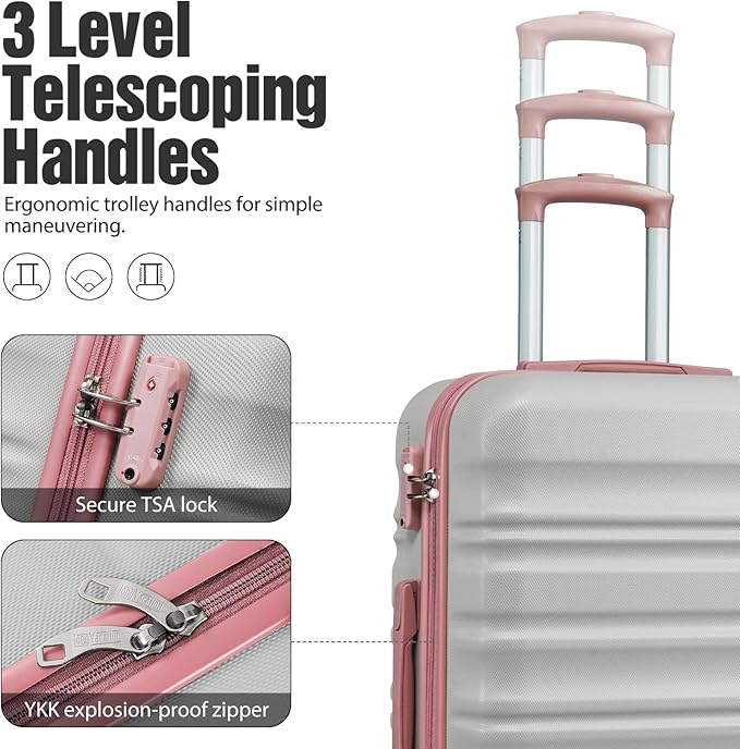LONG VACATION 6 Piece Luggage Set Carry on Suitcase with ABS+PC hardshell, Spinner Wheels & YKK Zipper TSA Lock (GREY-PINK, 6 piece set)