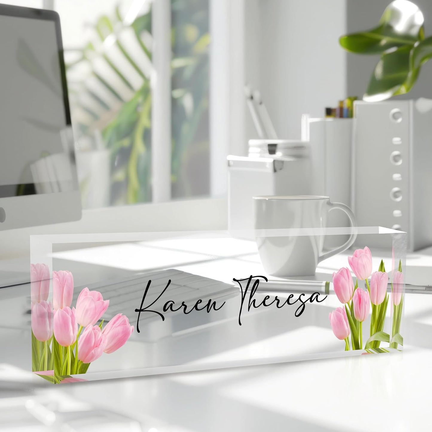 Custom Office Name Plate, Personalized Gifts for Women & Employees, Office Desk Accessory (Pink Tulip)