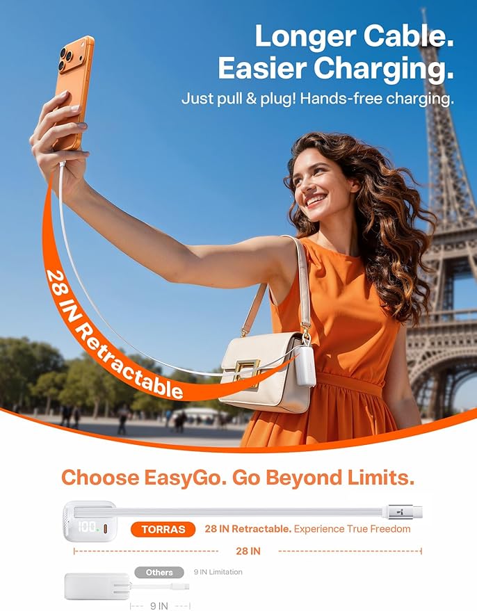 TORRAS EasyGo 3-in-1 Portable Charger, Built-in 28in Retractable USB C Cable and Wall Plug, 10000mAh Power Bank 35W Fast Charging, Travel Essentials Phone Battery Pack for iPhone 17 16 15 iPad Galaxy