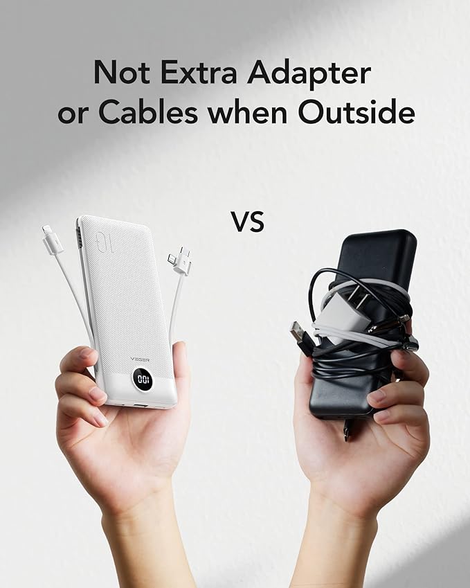 VEGER Portable Charger for iPhone Built in Cables and Wall Plug, 10000mah Slim Fast Charging USB C Power Bank, Travel Essential Battery Pack Compatible with iPhones, iPad, Samsung More Devices(White)