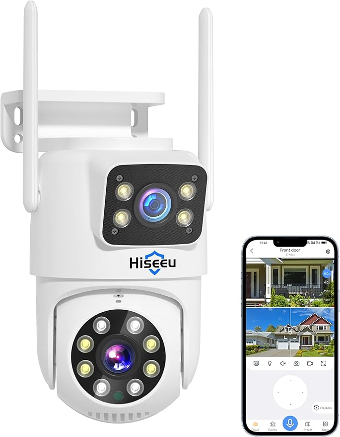 Hiseeu Wireless Security Camera, 5G/2.4G WiFi,Dual Lens View, Pan-Tilt- Zoom Control, Full Color Night Vision, Smart Motion Detection, Auto Track,Two-Way Audio, IP66 Waterproof, Plug-in Cable