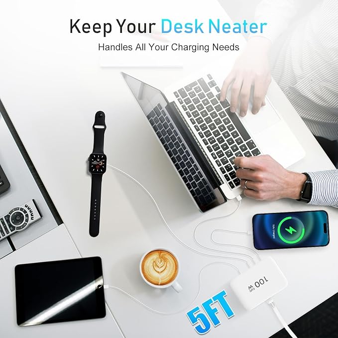 USB C Fast Charger Block,100W GaN 6 Port PD USB C QC USB A Wall Charger Type C Charging Station Hub Plug Cube Brick for iPhone 17 Pro Max/17 Air/16 Plus/15/14 Pro/13 Mini/iPad Pro 5ft Extension Cord