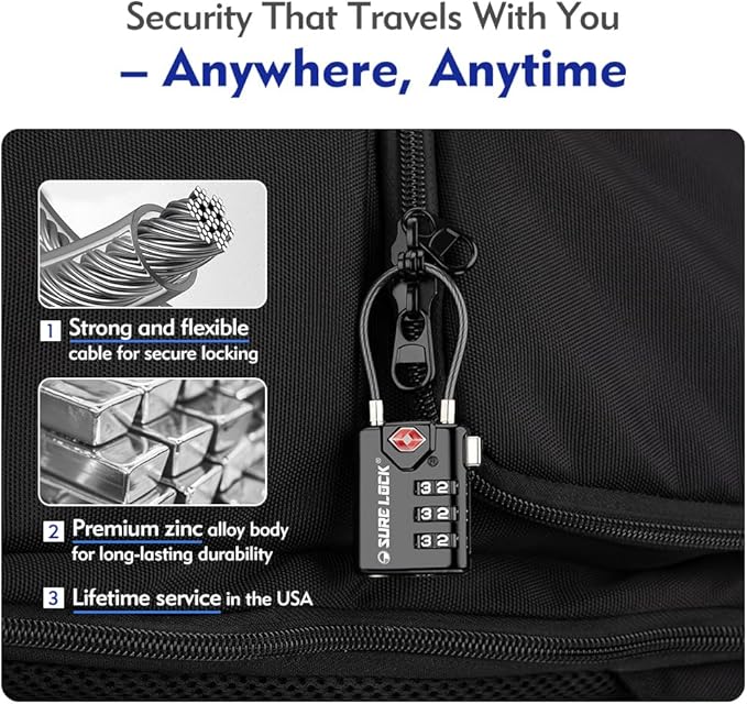 SURE LOCK TSA Compatible Travel Luggage Locks, Inspection Indicator, Easy Read Dials TSA Approved with Zinc Alloy (1, Black 8 Pack)