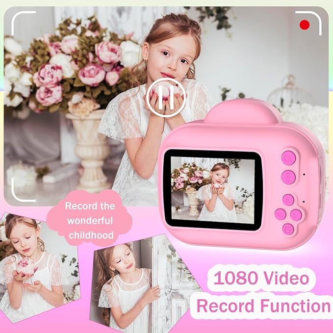 Kids Camera Instant Print Camera for Kids, Toddler Cameras Christmas Birthday Gifts for Girls Boys, 1080P HD Digital Video Cameras, Instant Camera Toy for 4 5 6 7 8 9 10 Year Girl with SD Card (Pink)