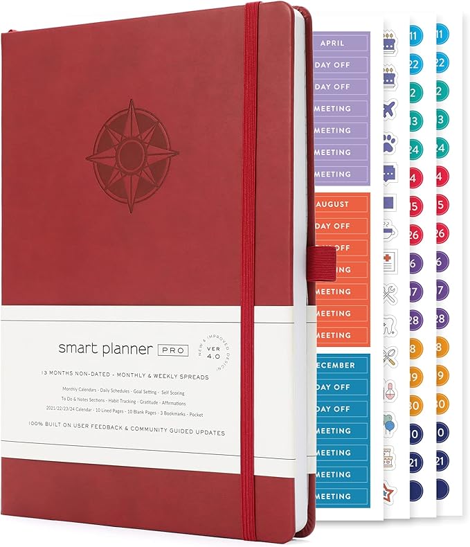 Smart Planner Pro – Undated Daily Planner – Medium B5 – Achieve Goals & Increase Productivity with Weekly, Monthly, Work Sections - Organizer Planner with Back Pocket, 3 Satin Bookmarks & Pen Holder