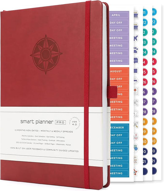 Smart Planner Pro – Undated Daily Planner – Medium B5 – Achieve Goals & Increase Productivity with Weekly, Monthly, Work Sections - Organizer Planner with Back Pocket, 3 Satin Bookmarks & Pen Holder