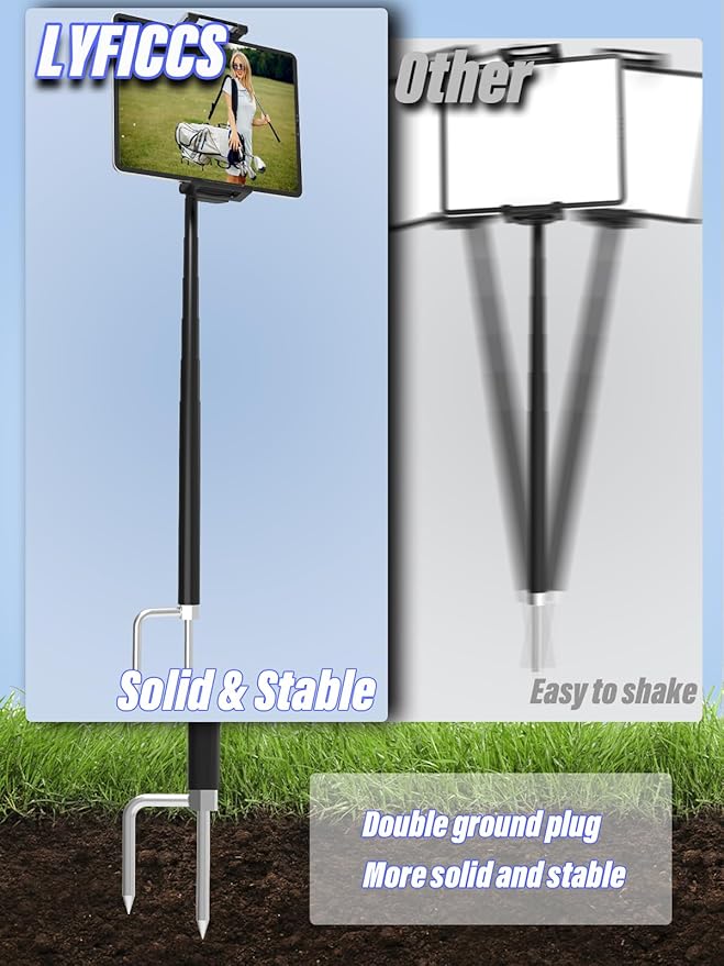 Golf Swing Recording Tablet Holder with Heavy-Duty Spike Stake, Thick Case Friendly Monopod Stand for iPad Pro/Air/Mini, Galaxy Tab (6-15.6"), iPhone - Anti-Fall Design for Outdoor Training