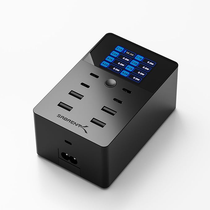 SABRENT 252W USB Charger – 8-Port Charging Station with USB-C 100W PD & USB-A Fast Charging, LCD Display, PPS, Compact Travel Design for Laptops, Phones, Tablets, Gaming Devices (AX-8PTC)