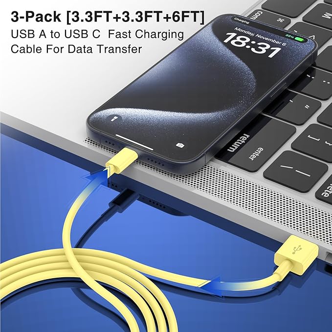 3-Pack Yellow [3.3FT+3.3FT+6FT] USB A to USB C Cable，USB to USB C Car Carplay Cable for iPhone Air 17 16e 16 15 Pro Plus Pro Max，for Galaxy S25, for iPad Pro/Air/mini, for MacBook Pro/Air and More