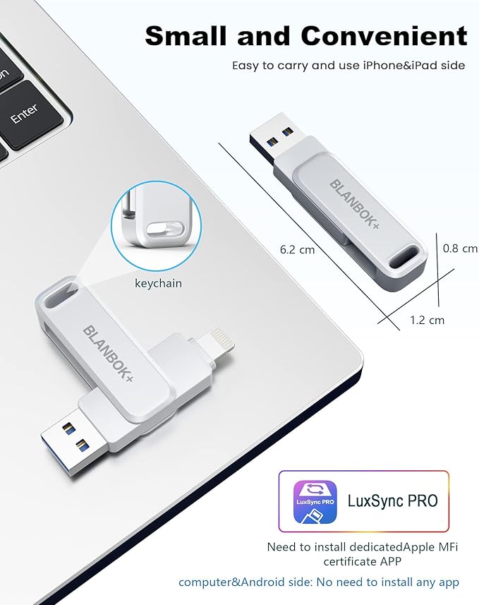 MFi Certified 512GB Flash Drive for iPhone Photo Stick, USB Memory Stick High Speed iPhone Flash Drive, External Memory Storage USB Stick Thumb Drive for iPhone/iPad/Android/PC (Metallic Silver)