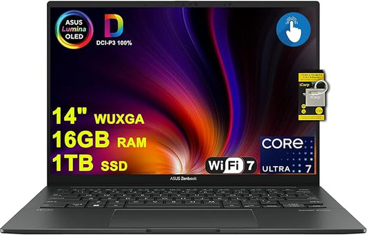 ASUS Zenbook 14 Designer Laptop 14" WUXGA Lumina OLED Touch (500nits HDR, 100% DCI-P3) Intel 16-core Ultra 7 255H (Up to 13 Tops) 16GB DDR5 1TB SSD for Work Business Win11 ICP Hub w/Copilot AI