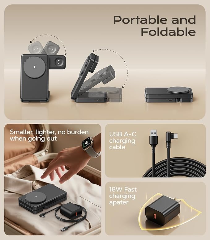 3 in 1 Magnetic Charging Station, 15W Fast Wireless Charger Compatible with MagSafe Charger Stand for iPhone 17 16 15 14 13 12, Apple Watch Charger & AirPods, Foldable Travel Charging Dock, Black