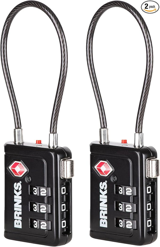 Brinks TSA Accepted Indicator Luggage Lock, Black - Resettable 3-Dial Combination, 2.5 inch Long Cable Shackle, New More Secure TSA008 Key, 2 Pack