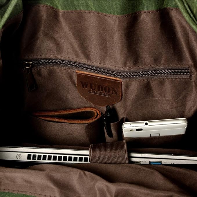 WUDON Leather Backpack for Men, Waxed Canvas Shoulder Rucksack Carry-On Travel Backpack