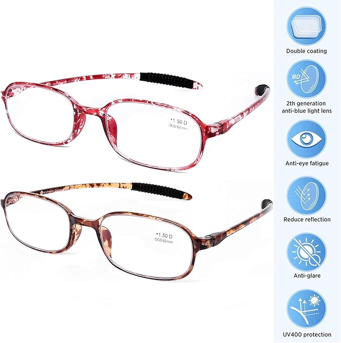 AQWANO 2 Pack Blue Light Blocking Computer Reading Glasses UV Protection Flexible TR90 Frame Lightweight Readers Glasses for Women Men +2.5