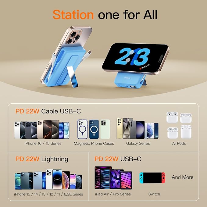 2025 Magnetic Battery Pack 16800mAh Mobile Power Bank, Portable Charger with Foldable Stand and Built-in Cable, 20W USB-C Fast Charging, Suitable for iPhone 17/16/15/14/13/12 Series