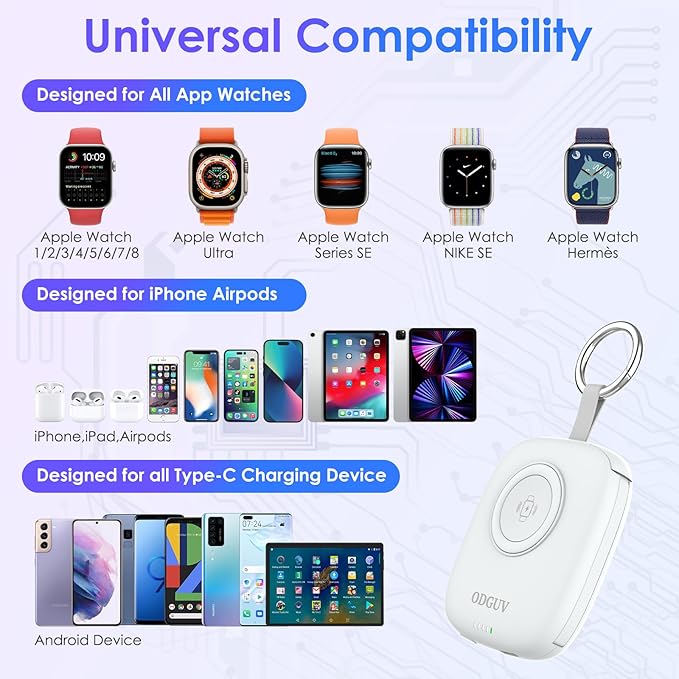 Small Portable Charger 5000mAh,iWatch Wireless Charger Mini Power Bank with Built-in Cable,Travel Keychain Charger for Apple Watch 10/9/Ultra2/8/Ultra/7/6/Se/5/4,iPhone 17/16/15/14/13/12,Android Phone