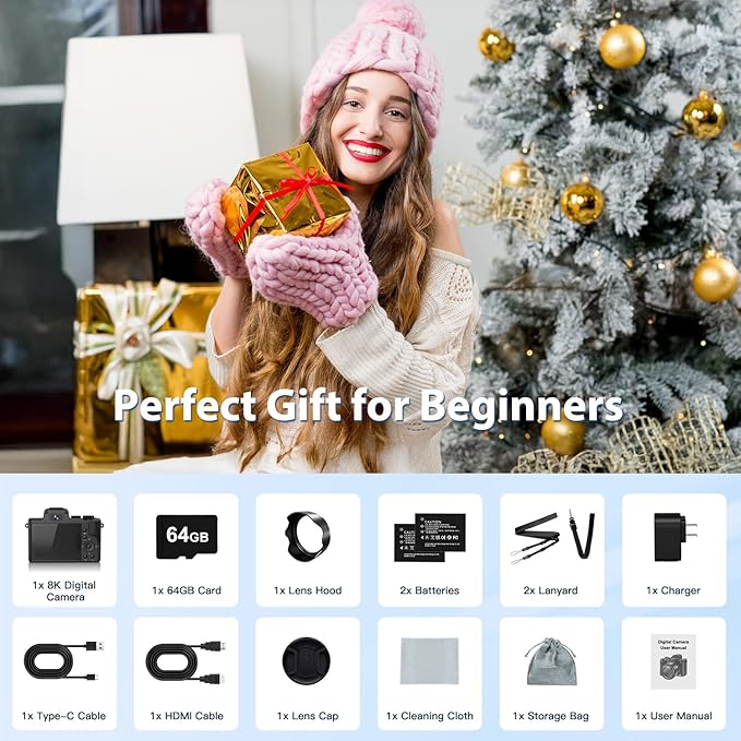 8K Digital Cameras for Photography Autofocus, WiFi 88MP Vlogging Camera with Dual-Lens, Flash, 16X Digital Zoom, Touch Screen, Travel Camera Anti-Shake with Lens Hood, 64GB Card,2 Batteries