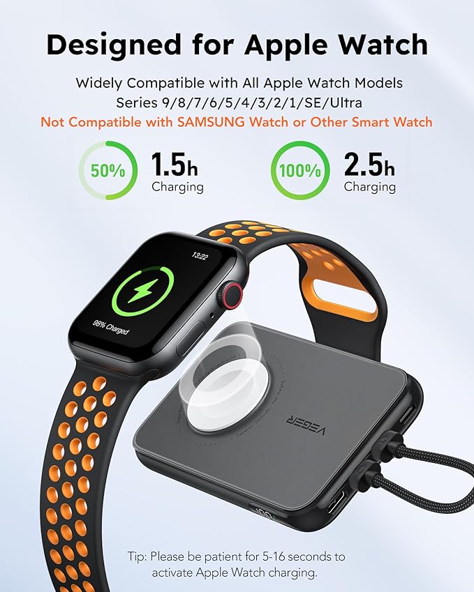 VEGER Portable Charger with Built in Removable Cable for iPhone, 20W Fast Charging Slim Power Bank, 10000mAh USB C Battery Pack Travel Essential Compatible with iPhone, Android, Apple Watch-Black