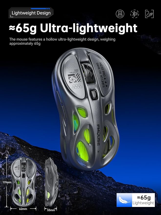 Wireless Gaming Mouse, Tri-Mode 2.4G/USB-C/Bluetooth Mouse, 800-4800 DPI, Ergonomic Optical Mouse Gamer, RGB & 6 Programmable Buttons, 65g, Rechargeable, for PC/Mac/Laptop