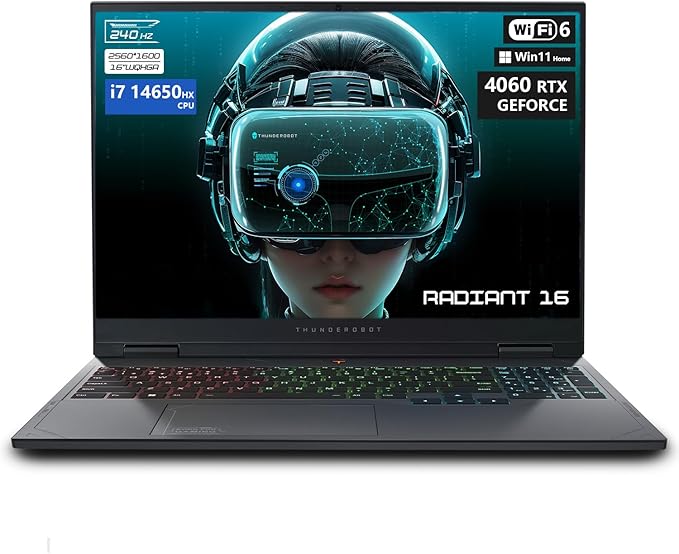 Thunderobot Radiant 16 4060 2.5K Gaming Laptop, 16" WQXGA 240Hz Display, 14th Gen i7-14650HX, GeForce RTX 4060, 16GB DDR5 RAM, 512GB PCIe SSD, RGB Backlit Keyboard, Wi-Fi 6, Win 11, Gray
