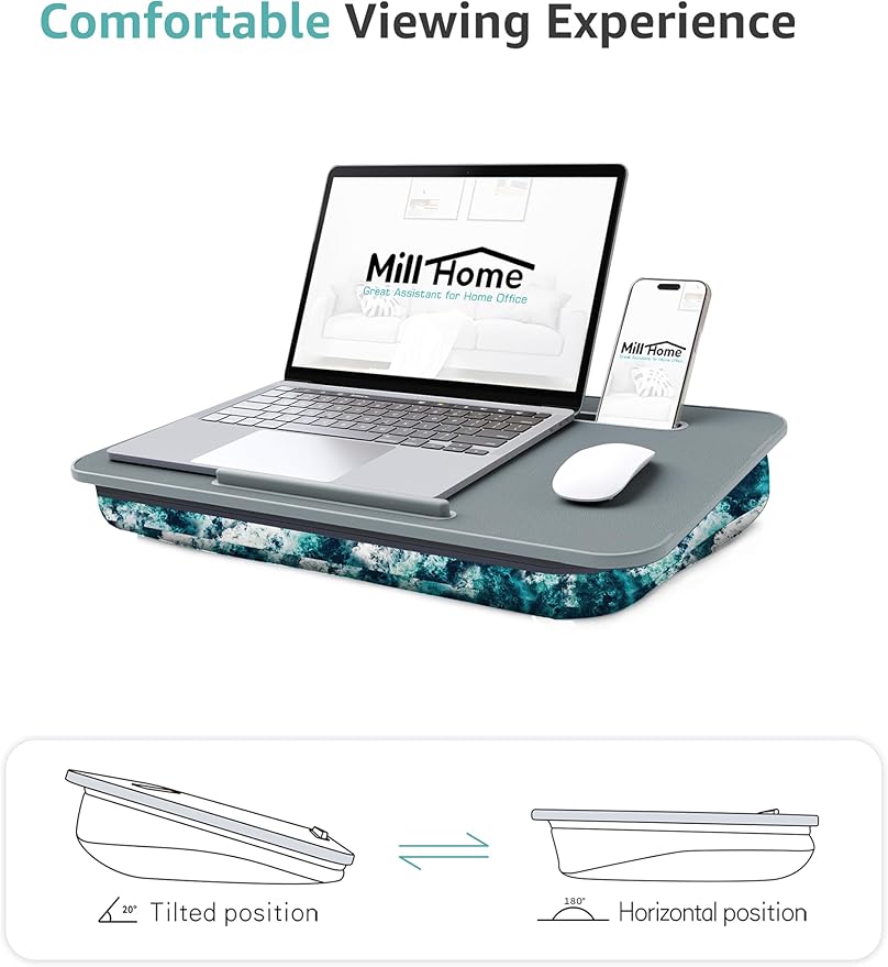 Lap Desk, Lap Desk with Cushion, Fits up to 15.6-inch Laptop, Pillow Designed, Portable Laptop Stand with Tray, Pad & Phone Holder, Home Office for Bed/Couch/Car/Reading/Writing, MillHome (S, Waves)