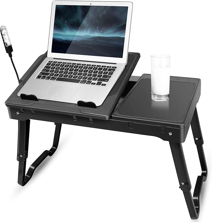 Foldable Laptop Bed Tray Desk Adjustable Lap Table Notebook Desk with Cooling Fan Mouse Board USB Ports LED Light Laptop Stand for Bed Sofa Couch